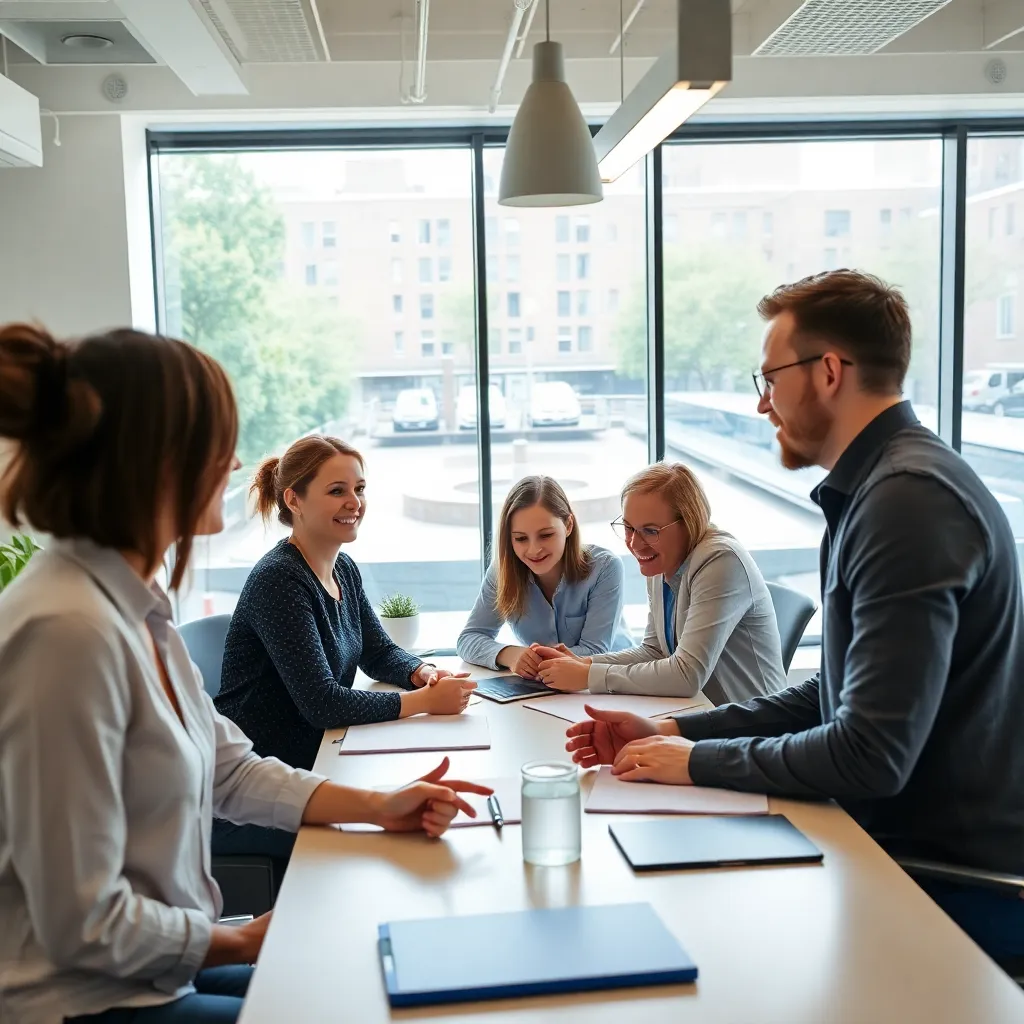 Diverse professionals in een Nederlandse kantooromgeving in gesprek