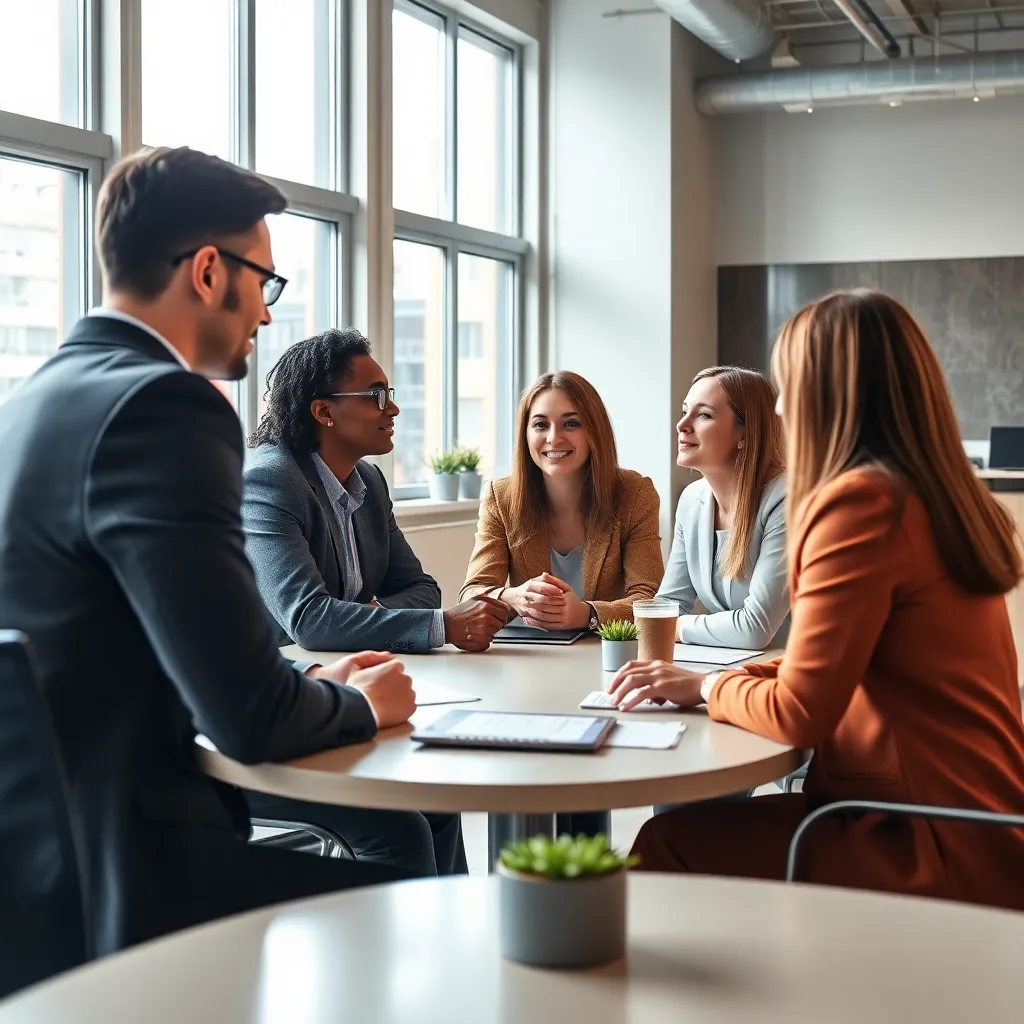 Diverse teamleden werken samen aan een project in een open kantoorruimte
